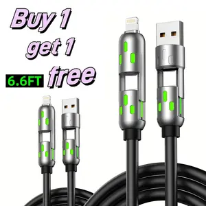 [Buy 1 Get 1 Free] 6.6ft 4-in-1 Charging Cable, 65W Fast Charge Data Sync Cord LED Breathing Light, USB A Type C Lightning Universal Charger for iPhone 16/15 iPad Pro