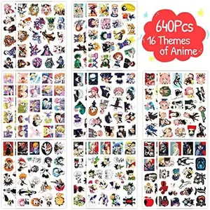 640Pcs Anime Stickers Mixed Pack, Vinyl Waterproof Anime Stickers for Water Bottles Skateboard Laptop Guitar Luggage Cars, 16 Classic Anime Theme Stickers