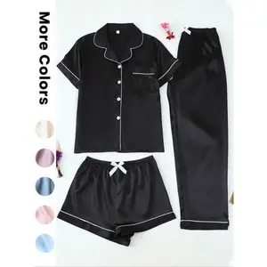 Women's Satin Sleepwear Set, 3-Piece Pajama with Button Front Top & Bow Shorts, Casual Home Wear for Women