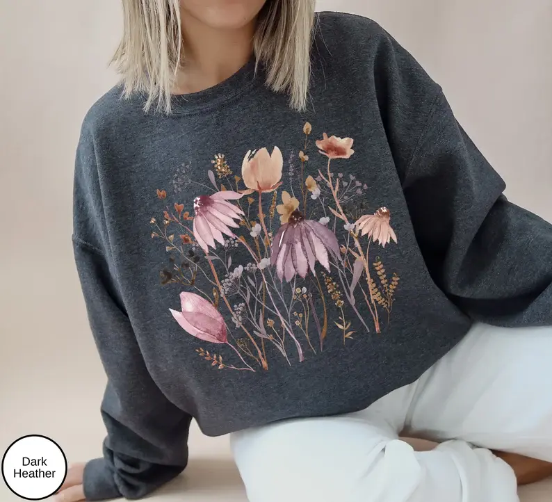 Watercolor Pressed Flowers Sweatshirt Vintage Boho Cottagecore Crewneck, Fairycore Wildflowers Sweatshirt, Pastel Botanical Floral Pullover
