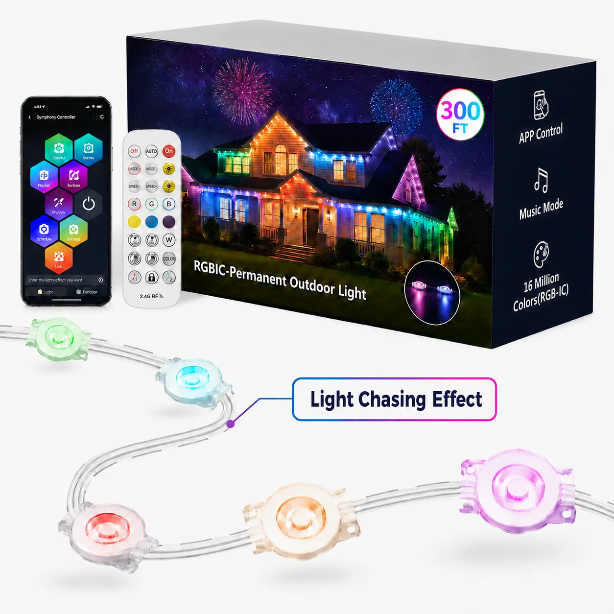 300FT Permanent Outdoor RGBIC Eave Lights, Smart App & Remote Control, DIY Scene Modes & Dynamic Chasing Effects, IP67 Waterproof Roofline LED Lights for House Exterior, Christmas, Halloween, Holiday Decor & Year-Round Home Lighting
