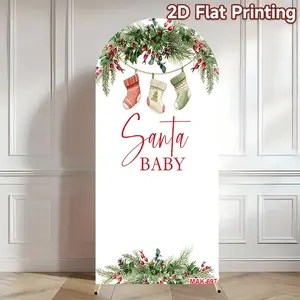 Santa Baby Christmas Stocking Arch Backdrop Cover for Baby Shower Winter Party Decor 2-Sided Soft Fabric Background