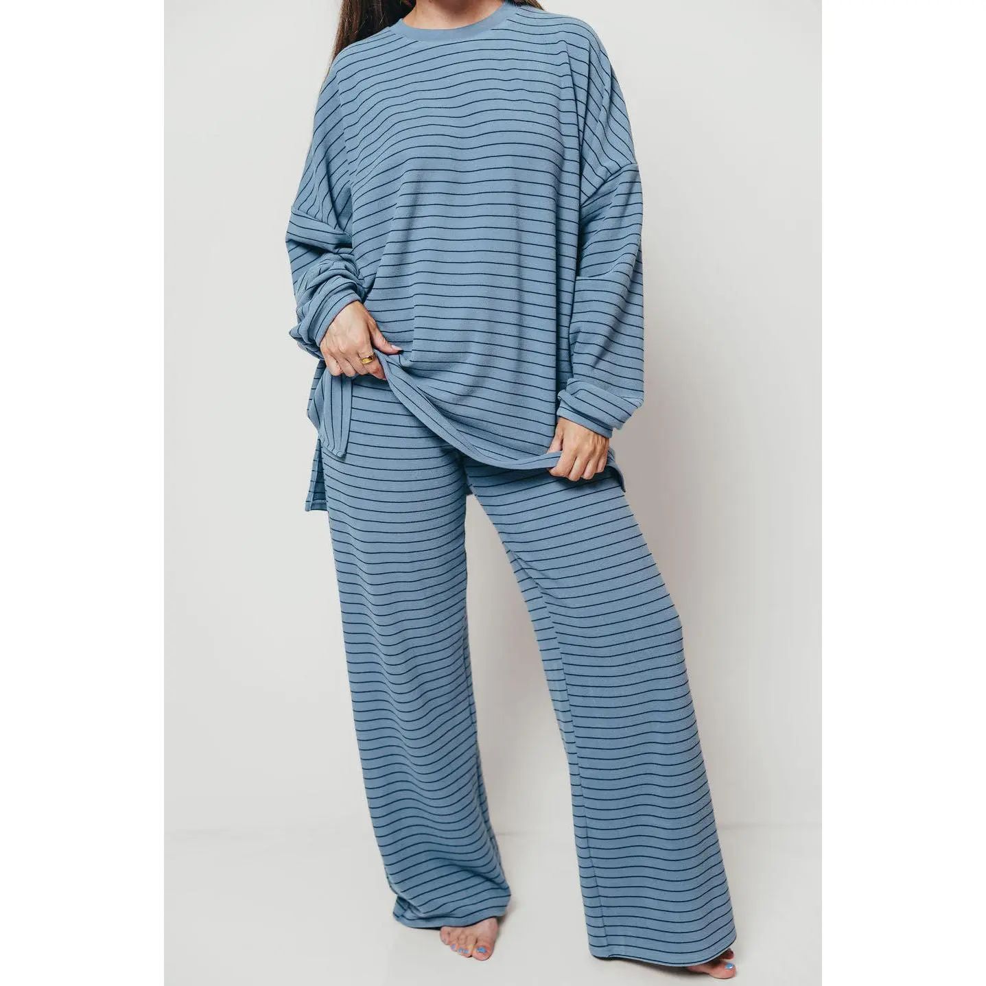 Naomi Thin Striped Oversized ButterFleece Long Sleeve Top in Blue/Navy - Bump Friendly