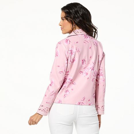 Colleen Lopez Embroidered Faux Leather and Print Moto Jacket