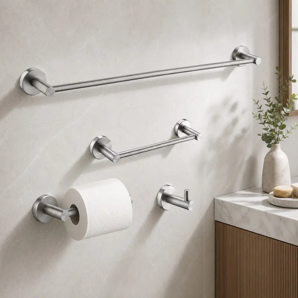 Brushed Nickel Stainless Steel 4-Piece Bathroom Hardware Set Wall Mount Towel Bar Toilet Paper Holder Robe Hook Rustproof Modern Accessories Kit for Bathroom Organization, Brushed Nickel Color Options, Stainless Steel Material