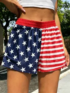 Women's Camouflage Usa Flag Style Casual Shorts, Loose-Fitting All over Print, Elastic Waist, Fashionable Everyday Wear