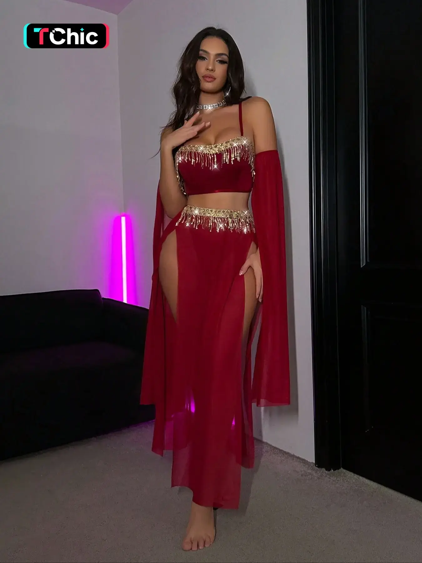 Women's Belly Dance Three-Piece Set, Stage Costume, Costumes, Outfit, Clothes, Deep Wine Satin Fitted Crop Top with Gold Fringe, Transparent Long Skirt, Mesh Sleeves, Perfect for Performance, Womenswear, Cropped
