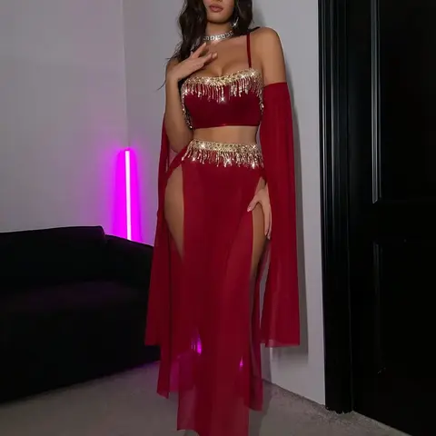 Women's Belly Dance 3-Piece Outfit Set, Stage Costumes, Deep Wine Satin Fitted Cropped Top with Gold Fringe, Sheer Long Skirt and Mesh Sleeves, Perfect for Performance, Womenswear