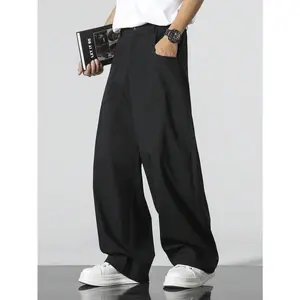 Men's Black Polyester Plain Formal Wear Pants - High-Waisted, Vintage Wide-Leg, Tailored Silhouette, Slimming Fit, Menswear Fabric Bottoms for Office & Business Casual, Spring-Fall Elegant Dress Trousers