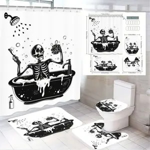 1/4pcs Halloween Skeleton Bath Time Shower Curtain Liner Set 4 Pieces - Black White Bathroom Decor, Skeleton Bathing with Toothbrush & Loofah, Bathtub & Bubbles Illustrations, Matching Bath Mats & Toilet Mat - Spooky & Fun Bathroom Decor for Halloween Pa