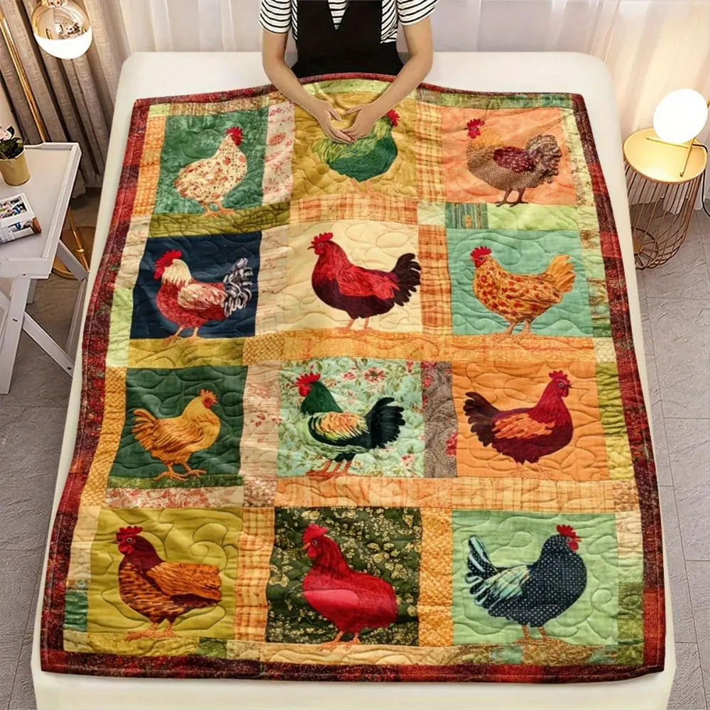 1pc Farmhouse Chicken Print Quilt - Lightweight Flannel Blanket with Rooster & Hen Designs , Camping Throw - Cozy Home Decor Gift for Adults, Pet Lovers, Housewarming - Easy-Care Soft Warm BedspreadKitchen Decor, Contemporary Flannel, Throw Blankets