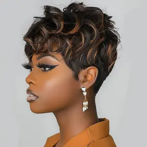 Short Pixie Cut Wig – Curly, Layered Wavy Pixie Cut Wig With Bangs, Mixed Brown Short Wig