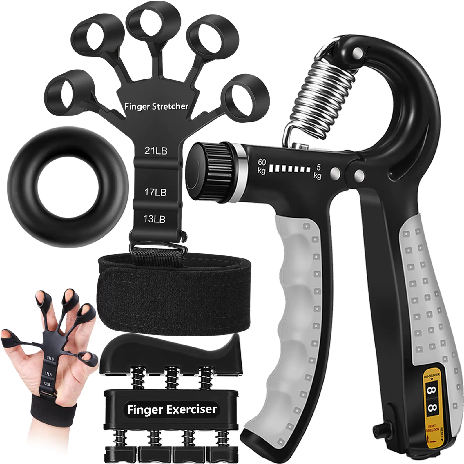 Hand Grip Strengthener Kit, Grip Strength Trainer 4pcs with Hand Gripper, Finger Exerciser, Finger Stretcher, Forearm Workout Ring for Muscle Building, Recovery & Therapy