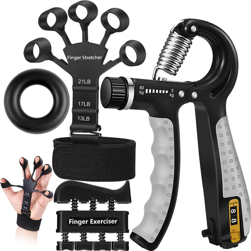 4pcs Compact Unisex Adjustable Hand Grip Strengthener Kit - Fitness Gym Equipment, Strength Training Accessory with Hand Gripper, Finger Exerciser, Finger Stretcher, Forearm Workout Ring for Muscle Building, Baseball, Grip Strength Tester