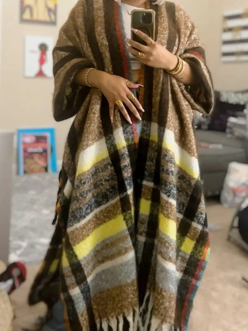 New Arrivals - Multi Color Plaid Blend Open Front Long Cardigan (Brown)