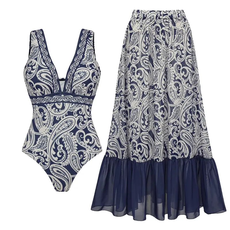 FLAXMAKER Women's V Neck Blue Paisley Print One Piece Swimsuit and Matching Skirt Set and Matching Cover Skirt Set Swimdress Stylish Beachwear Bathing Suit Swimwear Coverups vacation swimwear for women#SwimWeek