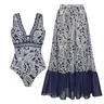 FLAXMAKER Women's V Neck Blue Paisley Print One Piece Swimsuit and Matching Skirt Set and Matching Cover Skirt Set Swimdress Stylish Beachwear Bathing Suit Swimwear Coverups vacation swimwear for women#SwimWeek