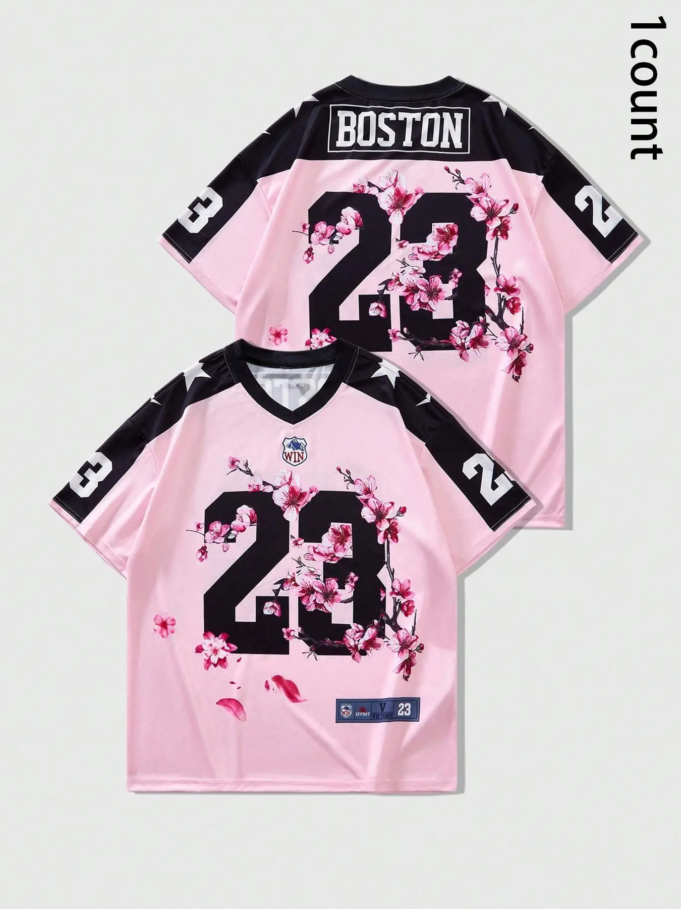 Unisex's Cherry Blossom Print V Neck Sports Tee, Street Fashion Casual Short Sleeve T-Shirt, Jersey Shirt for Daily Wear, Ladies Summer Clothes, Casual Sporty Style, Casual Sportswear, Casual Sports Tops