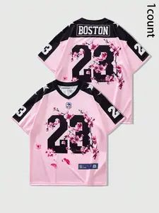 Unisex's Cherry Blossom Print V Neck Sports Tee, Street Fashion Casual Short Sleeve T-Shirt, Jersey Shirt for Daily Wear, Ladies Summer Clothes