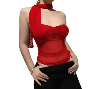 ALIELNOSIRRAH 'Dazzling Summer' Mesh Halter Scarf Tube Built-In Padding Top with Dazzling Rhinestone Cross Detail
