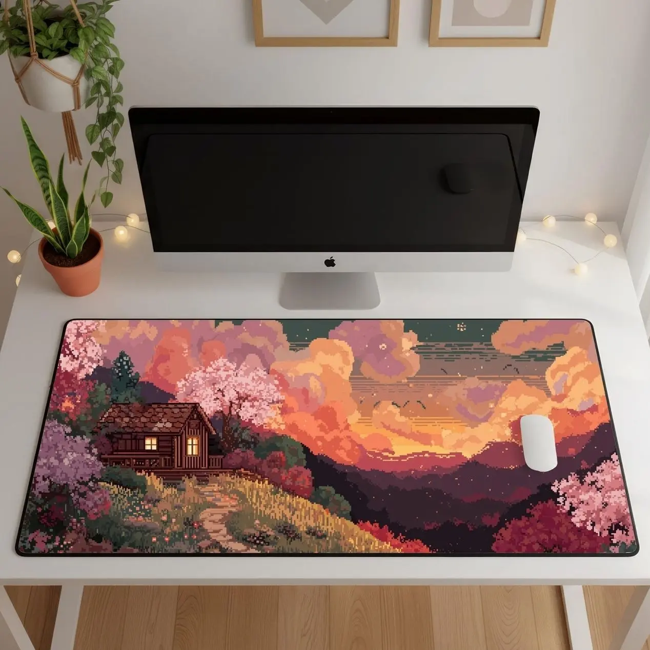 Pixel Gaming Desk Mat 8 bit Gamer Mousepad XXL Game Room Decor Sunset Art