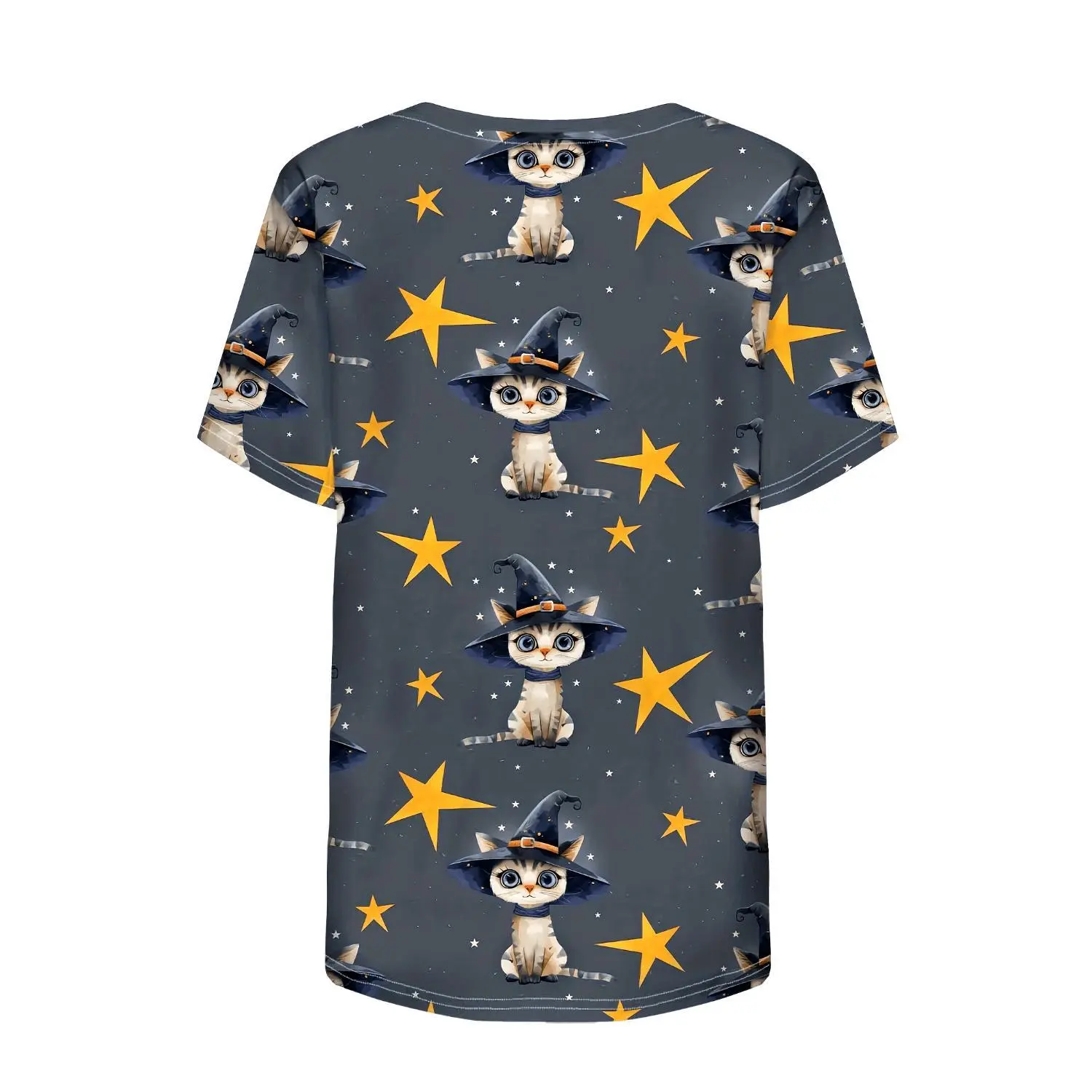 Halloween Nurse Scrub Top: Witch Kitty V-Neck Short Sleeve with Functional Pockets
