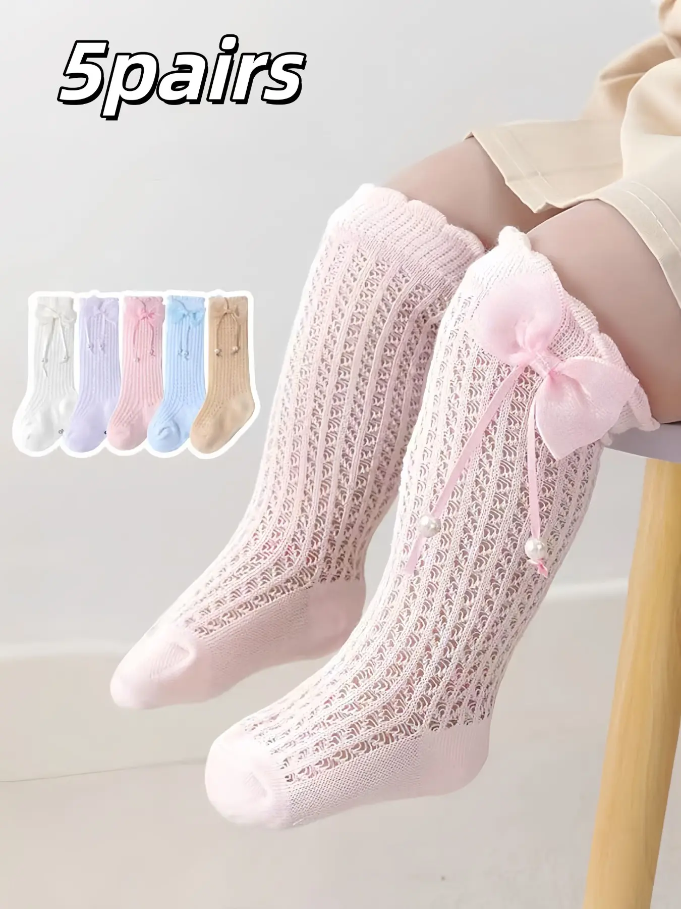 5 Pairs Bow Pearl Kids Mid-Calf Socks, Elegant Slim-Fit Long Calf Socks, Breathable Over-Knee Baby Knee Guards, All Seasons, Soft Socks, Knitted Socks