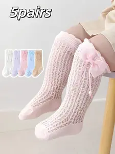 5 Pairs Bow Pearl Kids Mid-Calf Socks, Elegant Slim-Fit Long Calf Socks, Breathable Over-Knee Baby Knee Guards, All Seasons, Soft Socks