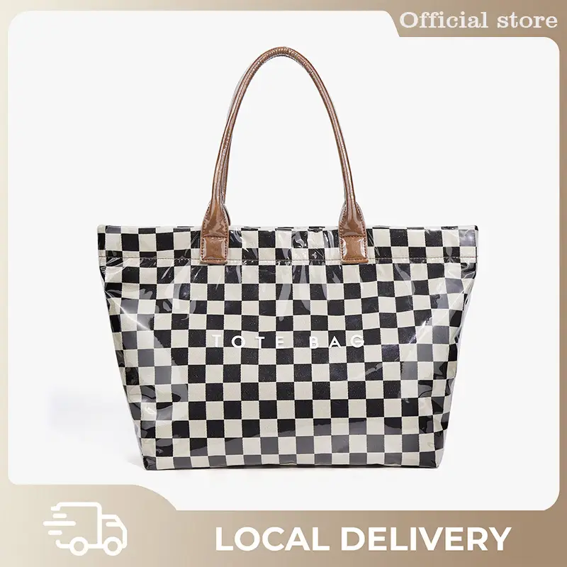 PVC Tote Bag for Women Trendy Plastic Tote Bag checkered Bags Letters Print Bags Large Canvas Hobo Handbag
