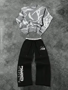 Men's Stylish Casual Two-Piece Set Clothes, Soft Comfortable Round Neck Long Sleeve Sweater and Drawstring Waist Wide Leg Pants, Versatile for Spring & Fall Wear