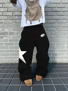 Men's Fashion Casual Straight Leg Pants, Star Print Drawstring Waist Sweatpants, Summer Fitted Street Style, Perfect for Daily Wear