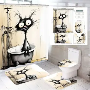 1/4pcsWhimsical Black Spiky-Haired Cartoon Cat Bathroom Set 4-Piece - Shower Curtain, Bath Mat, Toilet Seat Cover & Rail - Vintage Sketch Art Design, Perfect for Easter, Halloween, Home Decor & Gifting
