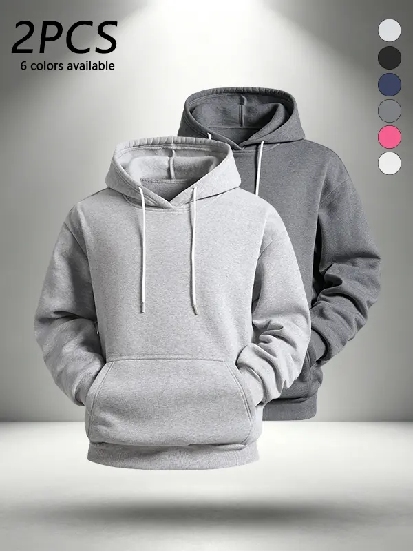 Men’s solid-color long-sleeve hoodie, 2-pack, kangaroo pocket design, fashionable casual versatile sweatshirt, soft and comfortable fabric