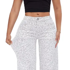 ONESO Wide Leg BBL Jeans Stretchy Mid Low Rise Denim Pants Womenswear Basic Cheetah Print Fitted Minimalist Bottoms