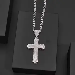 Mens Chain Necklace Cross Stainless Steel Pendant Jesus with Elegant Rhinestone Accents and Durable Chain