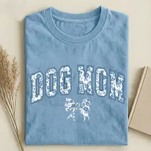Comfort Colors Dog Mom Floral T-shirt, Retro 90s Blue Coquette Bow Graphic Tee, Mothers Day Gift For Dog Mom, Unisex Fit Design, Casual Streetwear