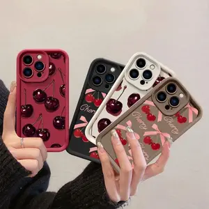 Retro burgundy cherry and cute bowknot printed phone case, suitable for various Apple phone models.