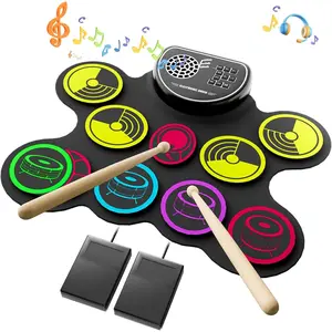Drum Set, 10 Pads Roll-up Drum Practice Pad with Drum Pedals & Sticks, Built-in Speaker with Headphone Jack,  Christmas & Birthday  for