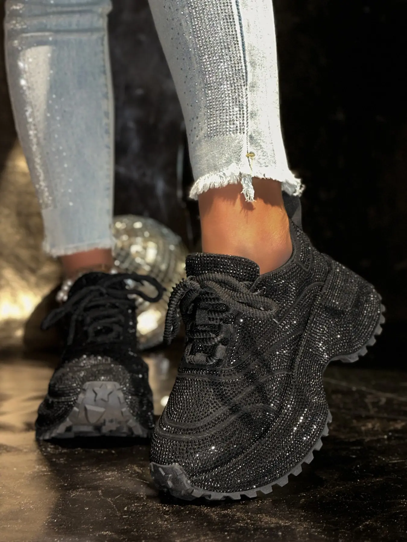Women's Thick Sole Fashion Dad Shoes, Height Increasing Street Style Casual Sports Sneakers, Thick Soled Sneakers, Full Rhinestone Design, Comfortable and Stylish, Glitter Design Sneakers, Fashionable Sneakers