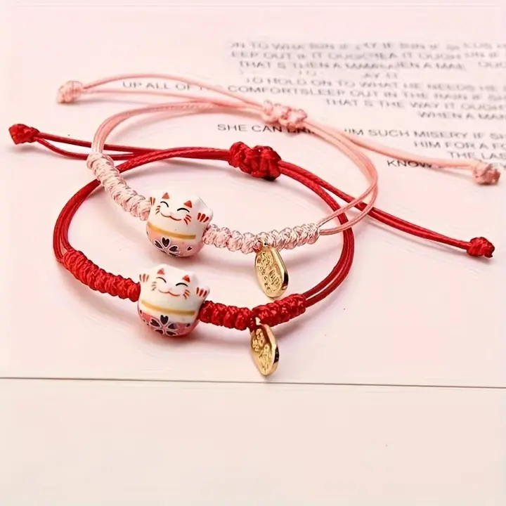 Ceramic, Handwoven, Wax Rope Lucky Cat Women's Wristband Jewelry Niche Design Sense Auspicious, Water proof, Lucky Bracelet