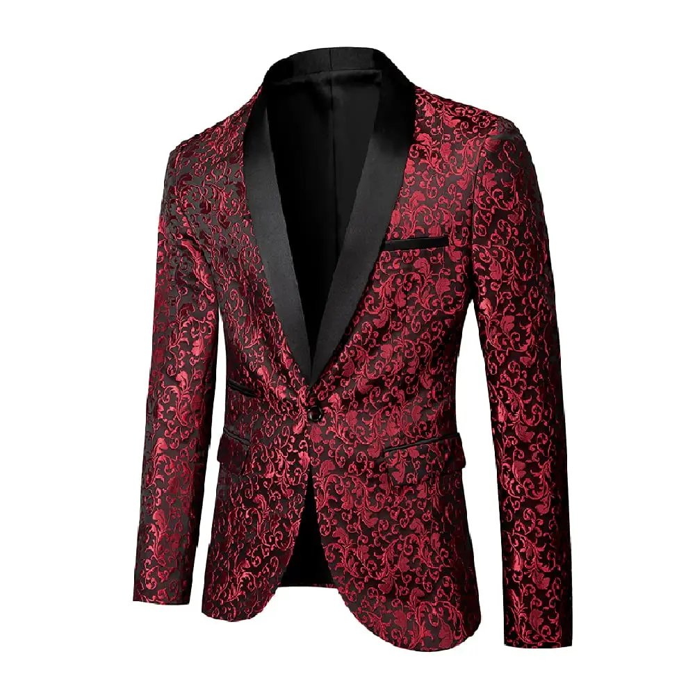 Men's Classic Long Sleeve Embroidered Floral Suit Jacket - Paisley Shawl Lapel, Elegant Formal Fabric Blazer with Pockets, Durable for Wedding, Christmas Occasions