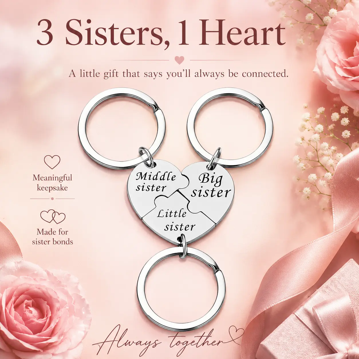 Sister Keychains for 3 Sisters Gifts Big Sis Mid Sis Lil Sis Matching Heart Keychain Set Sister Jewelry Gifts