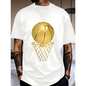 Men's Basketball Graphic T-Shirt - Black & Golden Hoop Design Crew Neck Tee - Casual Outfits, Parties - Machine Washable Everyday Top - Ideal Birthday/Holiday Gift, Party Outfit, Sporty Look, Durable Material