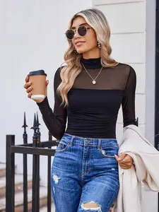 Women's Shiny Mesh Transparent Long Sleeve Ruched Fitted Blouse Top, Sexy High Neck, Fashion Versatile Casual Inner Wear, Stylish and Comfortable, Womenswear