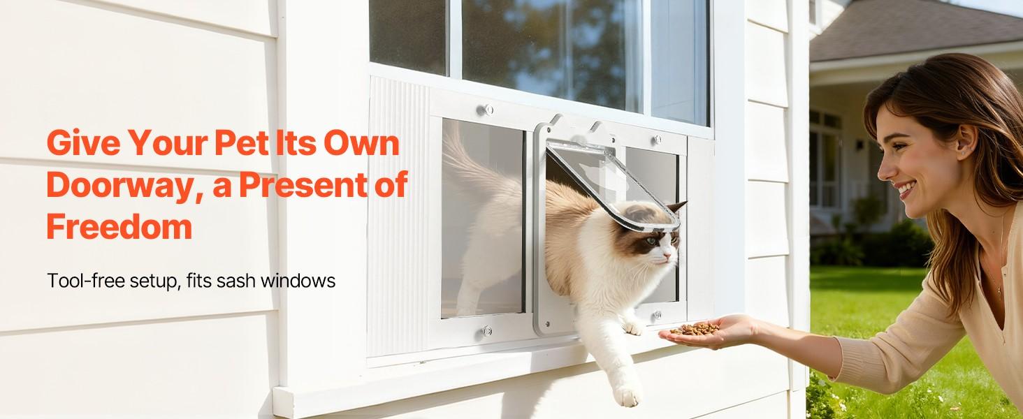 Window Cat Door with Adjustable Width 31 to 36 Inches, 4 Secure Lock Modes, Aluminum Frame and Clear Tempered Glass, Magnetic Closure, Weatherproof Quick-Fit Pet Door for Cats, White