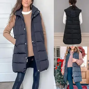 Women's Long Puffer Vest Casual Sleeveless Puffy Jacket with Removable Hood Full Zip & Two Side Pockets