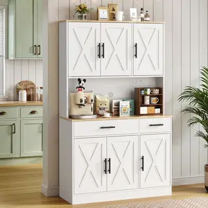 Tall Pantry Cabinet with Charging Station, 6 Cabinets and 2 Drawers Kitchen Buffet Sideboard Cabinet Entryway Coffee Bar Cabinet with Microwave Stand, Farmhouse Kitchen Hutch with Storage Drawers for Living Room, Dining Room, White