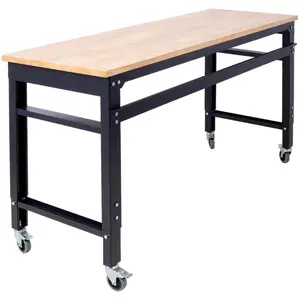Hardware Workbench - 60" Wide Rolling Workbenches for Garage - Adjustable Height, Workshop Tool Bench, Metal with rubber Wood Top