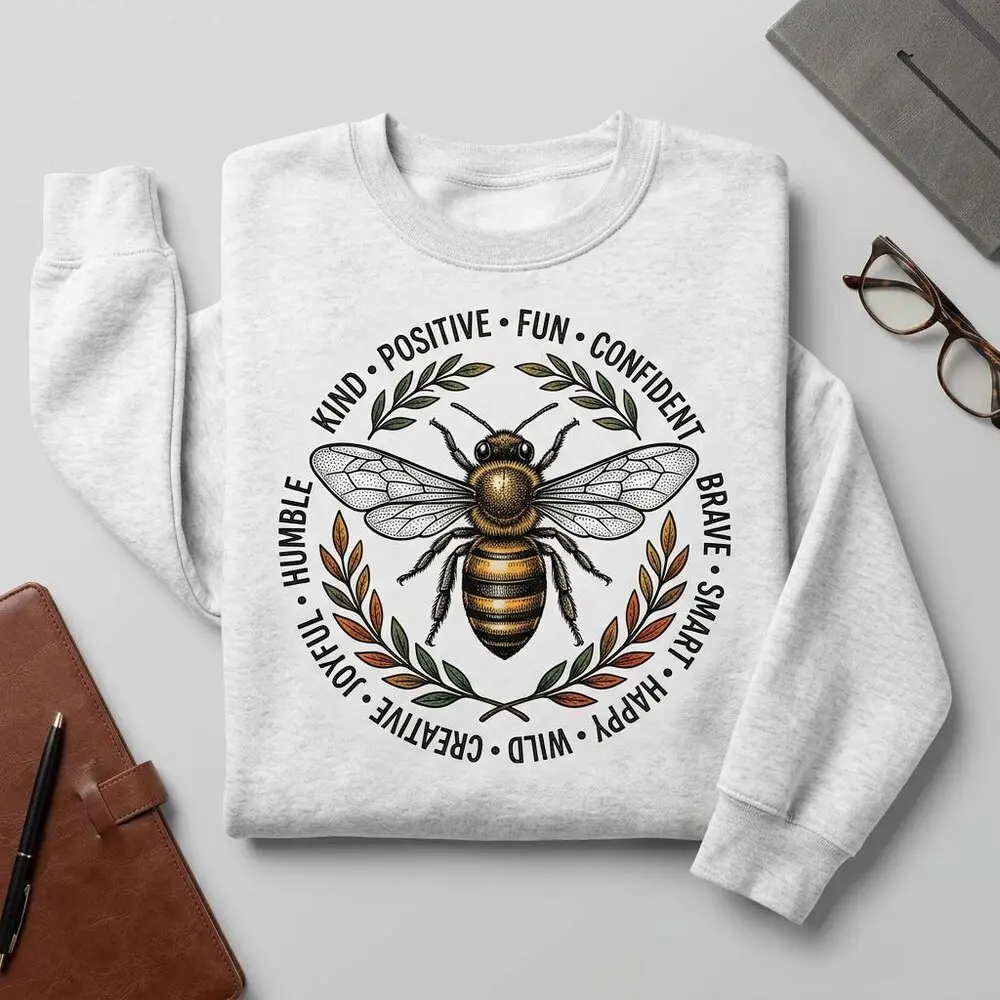 Women's Fitted Casual Cotton Long Sleeve Round Neck Positive Bee Sweatshirt - Motivational Nature Unisex Cozy Crewneck Bee Graphic Apparel #548, Hoodie, Graphic Print, Heavy Blend, Crew Neck, Full Length, Vintage, Poly-Cotton, Do Not Dry Clean, Pull On