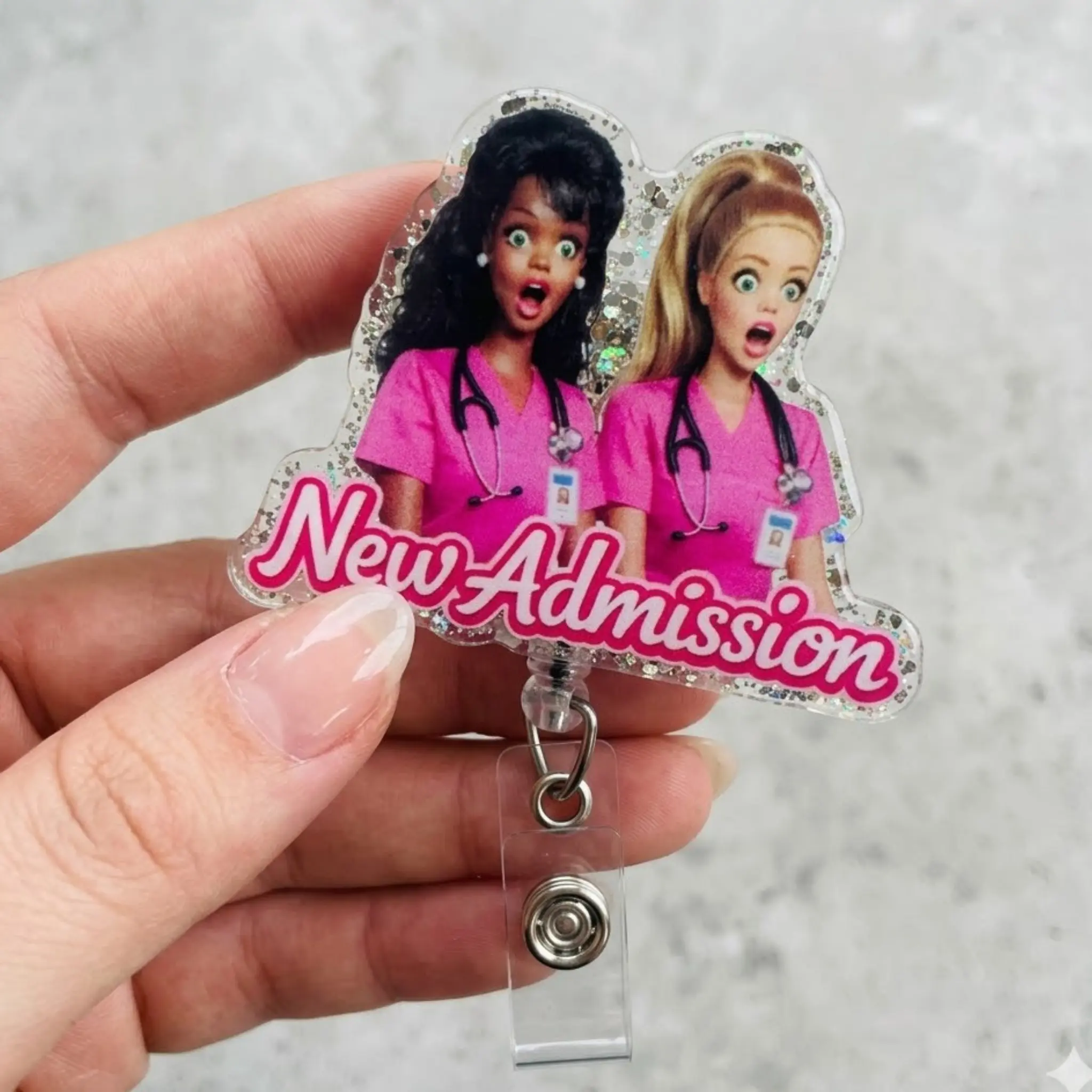 Funny New Admit Sparkly Retractable Badge Reel Cute Acrylic ID Holder For Registered Nurse RN LPN CNA Medical Admission Work Accessory